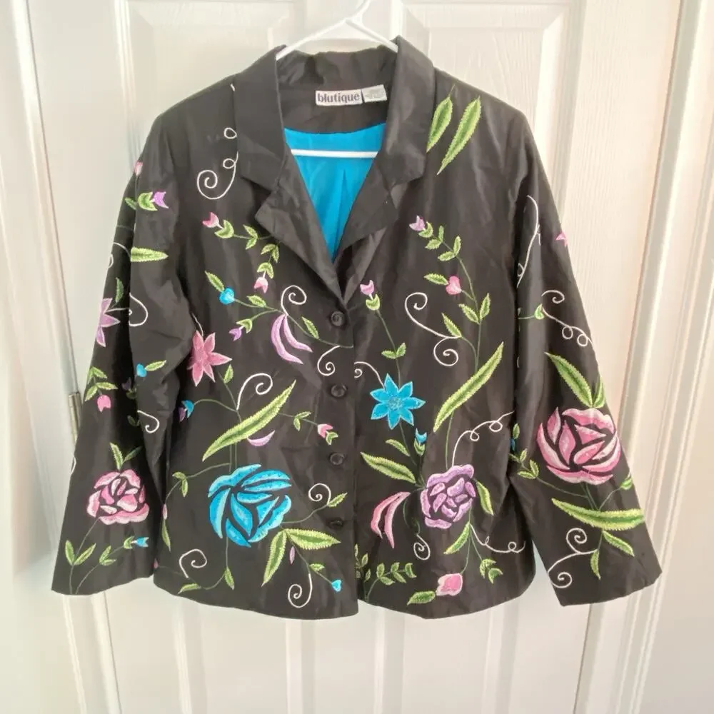 Vintage Silk Jacket Womens Large Floral Blutique Blazer Beaded Lined Buttons - Picture 2 of 7